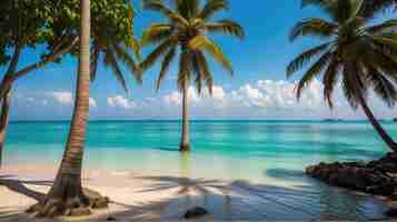 Foto bela praia com palmeiras e mar turquesa na ilha da jamaica