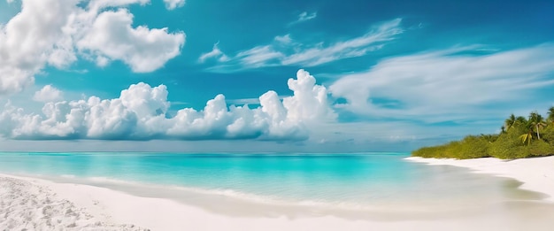 bela praia com um oceano azul e nuvens brancas no céu