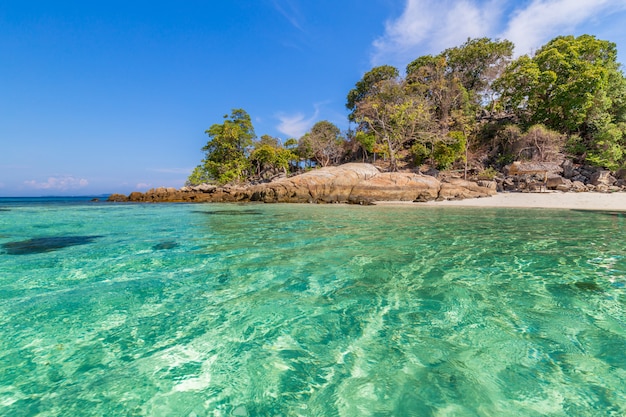 Bela praia de areia branca com árvore no mar tropical na ilha de lipe Tailândia