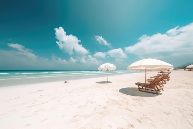 Bela praia de areia branca e águas azul-turquesa com espreguiçadeiras e guarda-sóis