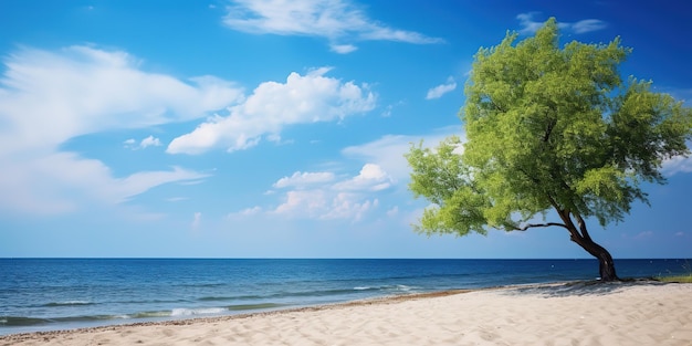 Bela praia de areia com céu desfocado e árvore de verão