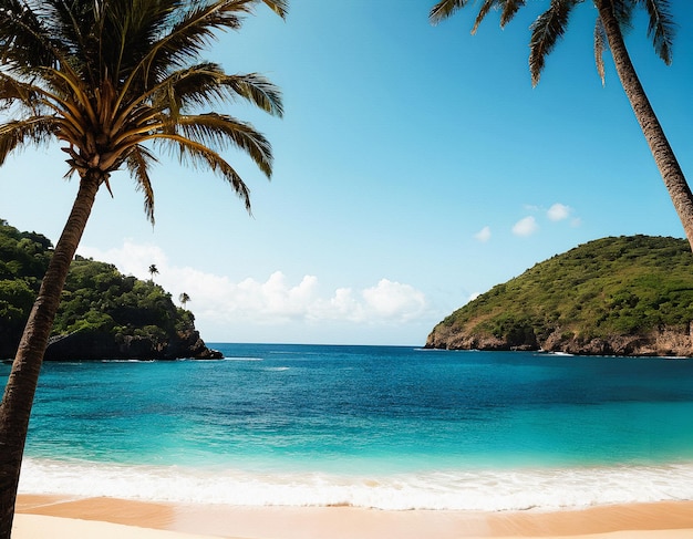 Foto bela praia do oceano com palmeiras