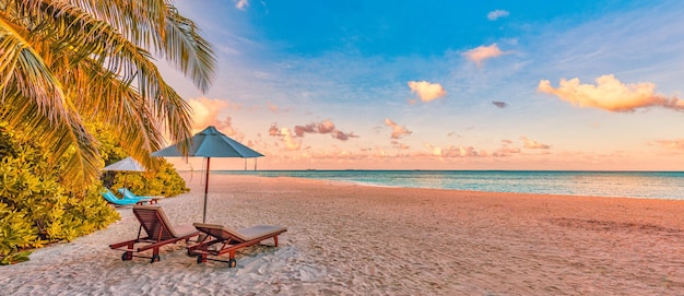 Bela praia do pôr do sol tropical. Casal romântico almeja duas espreguiçadeiras, guarda-chuva sob folhas de palmeira
