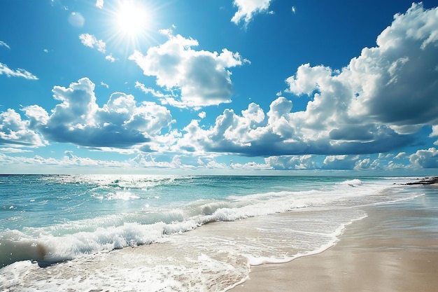 Bela praia e mar tropical sob o céu azul com nuvens brancas
