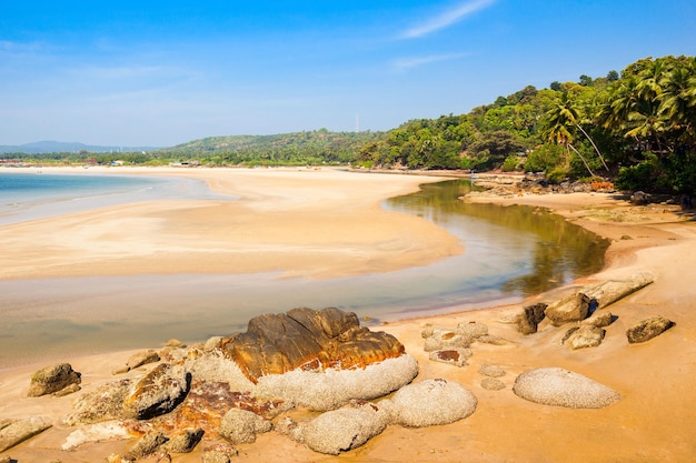 Bela praia solitária com lagoa e areia amarela em Goa, Índia