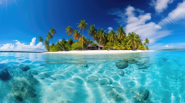 Bela praia tropical com palmeira, areia lisa, céu azul e oceano calmo