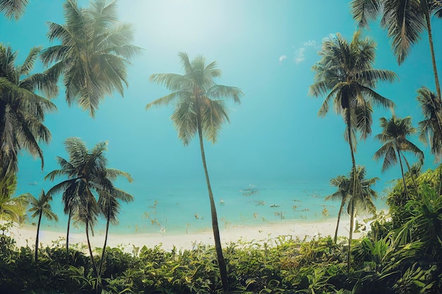 Bela praia tropical com palmeiras de areia branca oceano turquesa contra o céu azul com nuvens no dia ensolarado de verão Fundo de paisagem perfeita para férias relaxantes na ilha das Maldivas