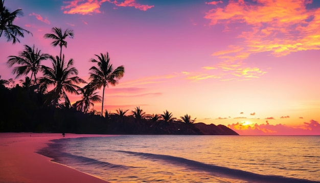 Bela praia tropical do sol com palmeira e céu rosa