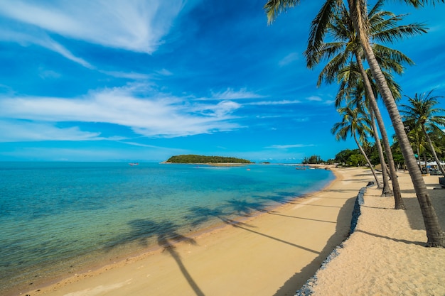 Bela praia tropical mar e areia com coqueiro no céu azul e nuvem branca