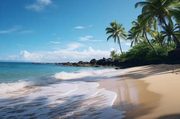 Bela praia Vista de uma bela praia tropical com palmeiras ao redor