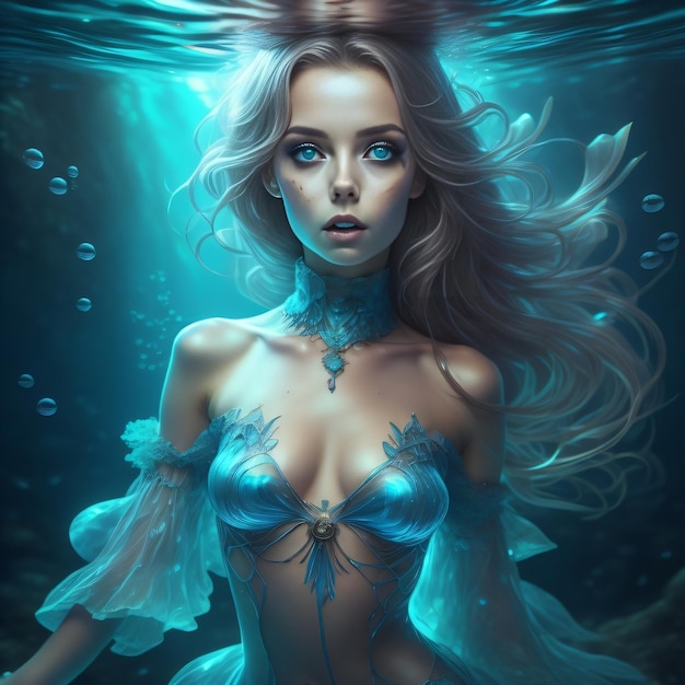 Bela rainha da fantasia sexy debaixo d'água em luxuoso vestido transparente