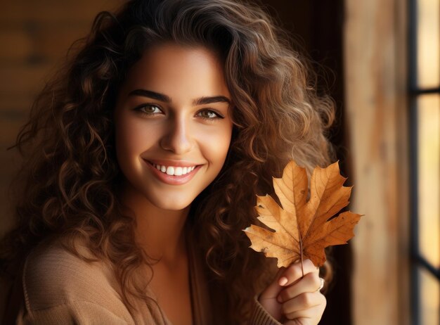 Foto bela rapariga com folhas a cair