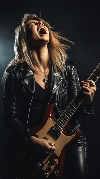 Foto bela rapariga rocker com guitarra elétrica