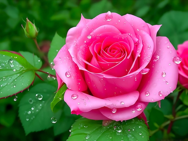 Foto bela rosa e vermelha rosa com folhas verdes e gotas de água