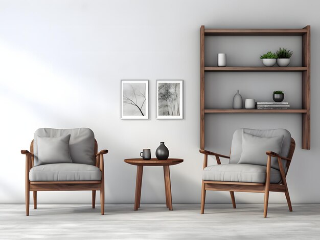 Bela sala de estar com duas cadeiras ao lado de uma prateleira de madeira em frente a uma parede branca.