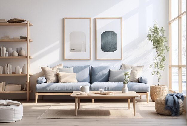 Bela sala de estar moderna com plantas em estilo escandinavo