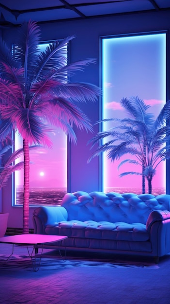 Bela sala de estar moderna com sofá, plantas de interior e luzes de néon