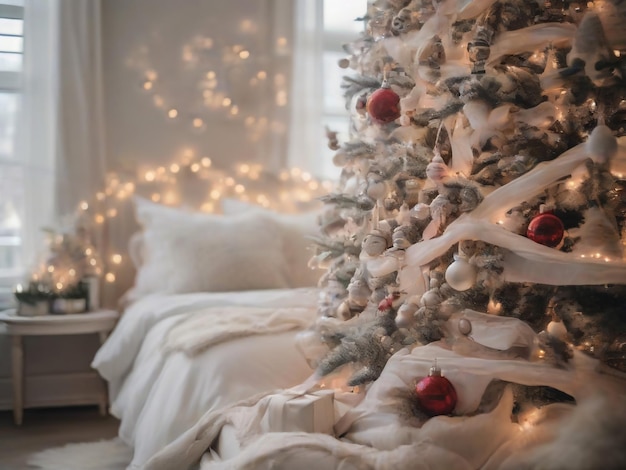 Foto bela sala decorada com árvore de natal com presentes debaixo dela.