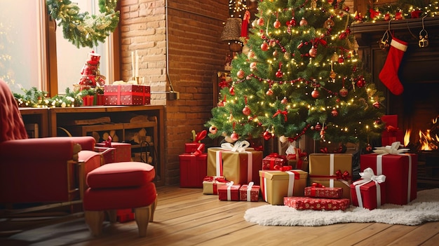 Bela sala decorada com árvore de Natal com presentes sob Generative Ai