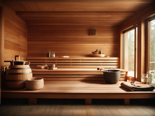 Bela sauna espaçosa em estilo modernoDescanso de spa Relaxamento saudável