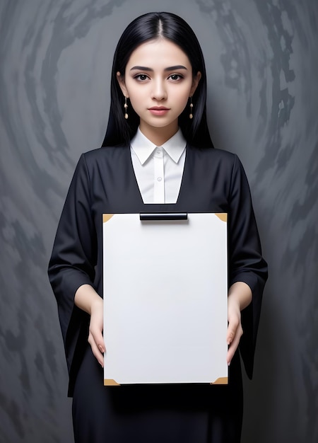 Foto bela secretária segurando uma folha de papel em branco em fundo escuro