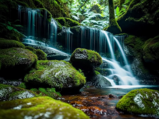 Bela selva rio cachoeira musgo pedregulhos e árvores Generative AI