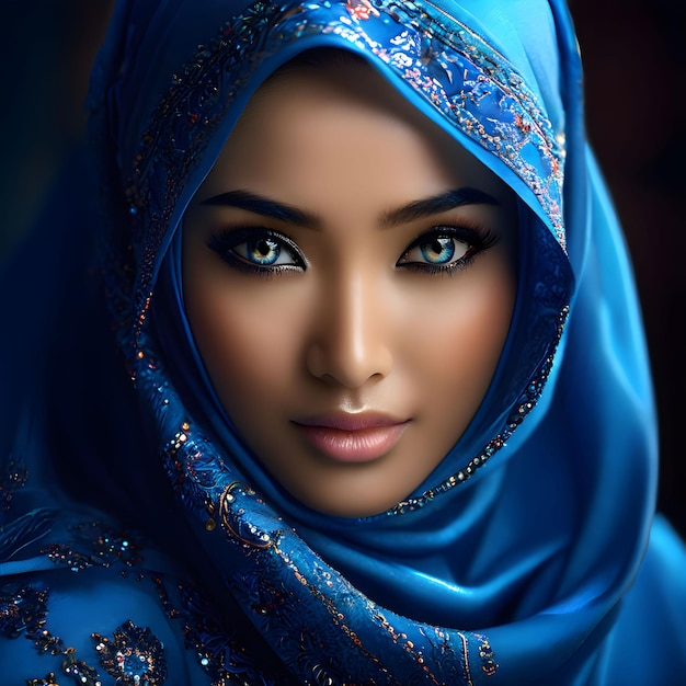 Bela senhora malaia usa hijab com olhos bue