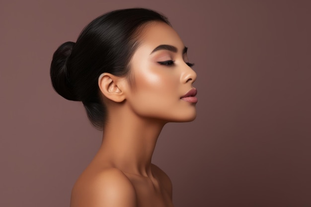 Bela sensual jovem modelo de mulher étnica asiática posando perfil rosto lateral tocando queixo em fundo castanho