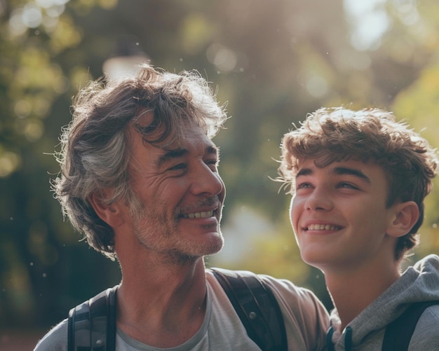 Foto bela sessão de fotos do dia do pai em poses adoráveis e sorridente lugar maravilhoso na natureza