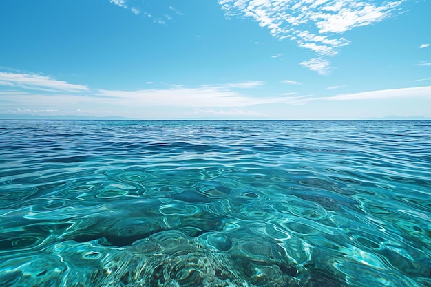 Foto bela superfície de água do mar e céu azul com nuvens brancas de fundo