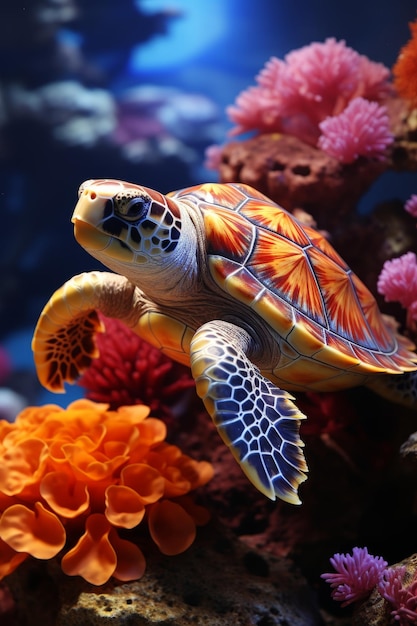 Bela tartaruga marinha no oceano nadando entre os corais Dia Internacional da Tartaruga