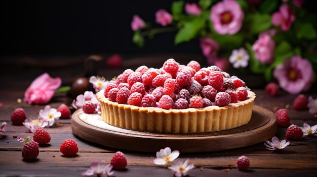 Bela tarte de framboesa em uma mesa de madeira com primavera