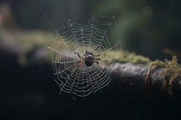 Bela teia desenhada com raios de sol de perto com fundo de aranha natureza natural desfocada