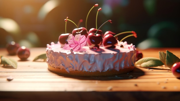 Foto bela torta com cerejas em uma mesa de madeira ai gerado