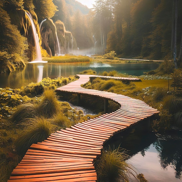 Bela trilha de madeira para trekking na natureza com lagos e paisagem de cachoeira