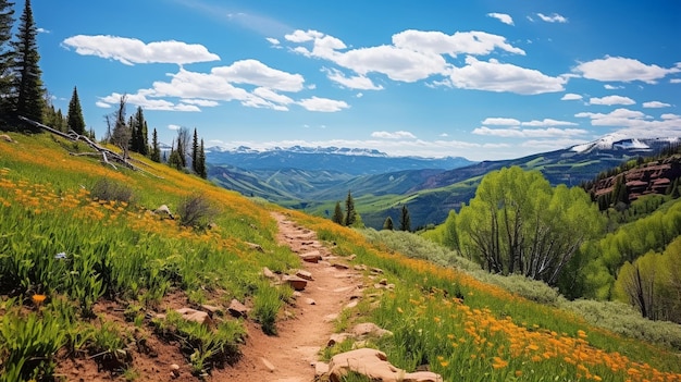 bela trilha de montanha vermelho amarelo lilás branco flores silvestres céu azul com grandes nuvens fofas