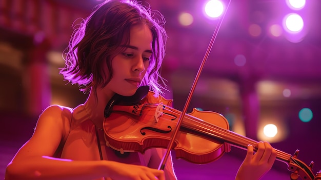 Foto bela violonista tocando violino no palco com luzes cor-de-rosa ao fundo