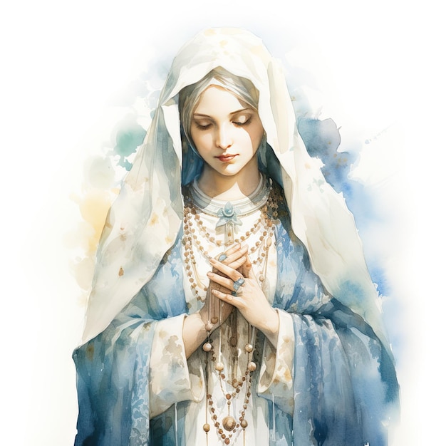 Bela Virgem Maria Nossa Senhora orando com o rosário em suas mãos aquarela fundo detalhado