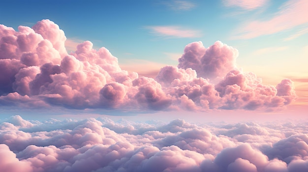 Foto bela vista aérea acima de nuvens cor de rosa ao pôr do sol na ilustração de renderização 3d do mundo barbie