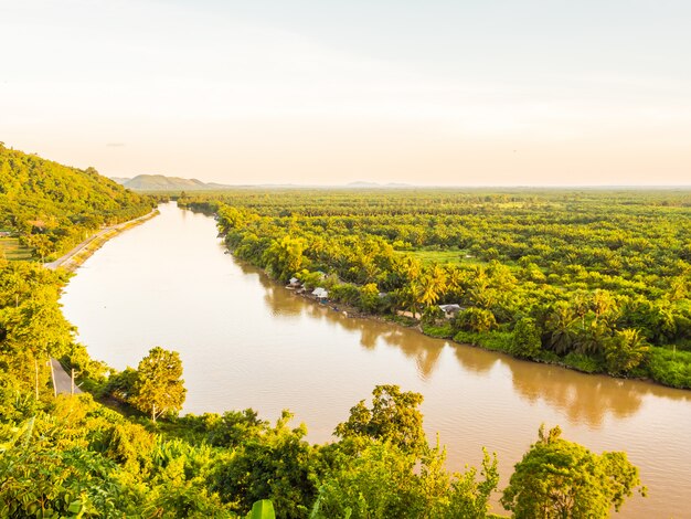 Bela vista aérea com paisagem verde floresta no crepúsculo