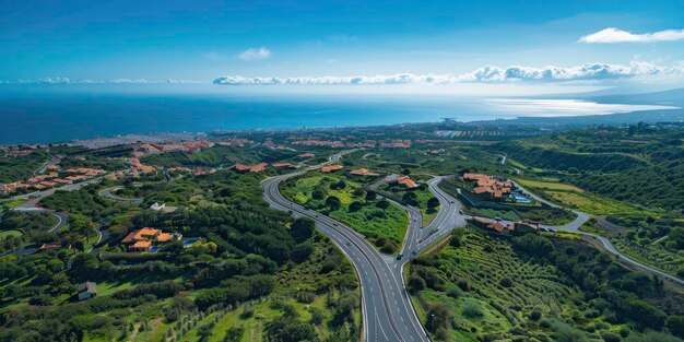 Foto bela vista aérea da antrópica tenerife, na espanha, com estradas sinuosas e céu azul