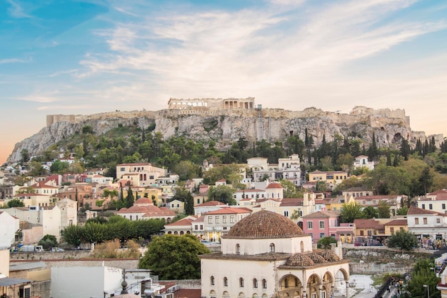 Bela vista da área da Acrópole e Monastiraki em Atenas, Grécia