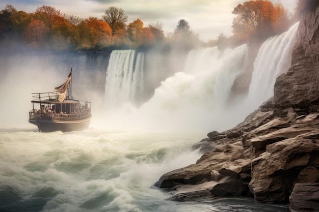 Foto bela vista da cachoeira no outono com um barco na água horseshoe fall niagara gorge e barco na névoa niagara falls ontario canadá ai gerado