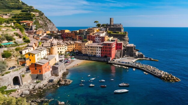 Bela vista da famosa aldeia de corniglia, no parque nacional de cinque terre, na itália