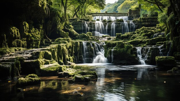 Bela vista da longa exposição da cachoeira na natureza verde