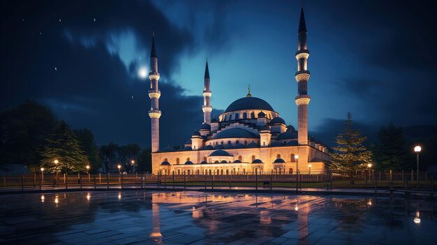 bela vista da mesquita à noite com belas luzes