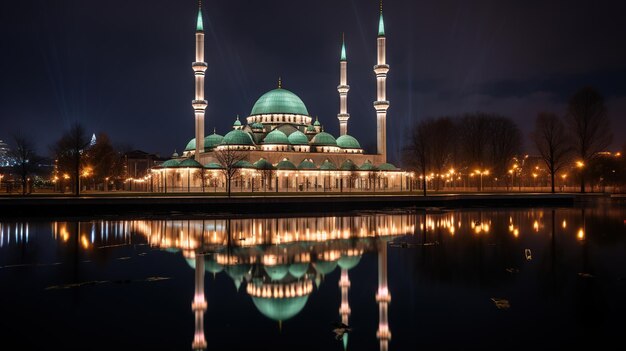 bela vista da mesquita à noite com belas luzes