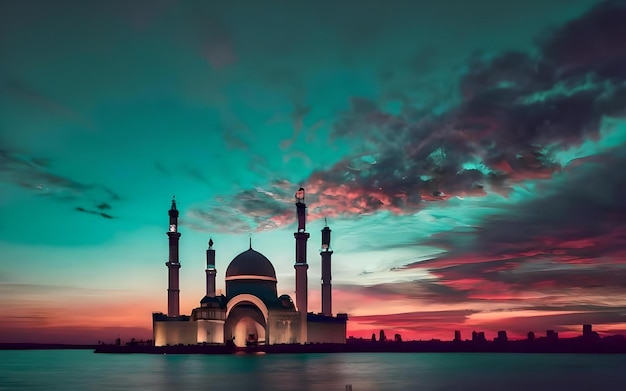 Foto bela vista da mesquita dentro de fumaça colorida e nuvens no céu