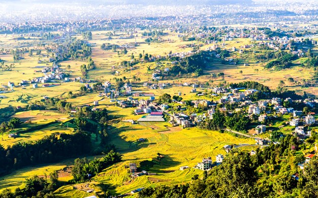 bela vista da paisagem das plantações de arroz em Kathmandu Nepal