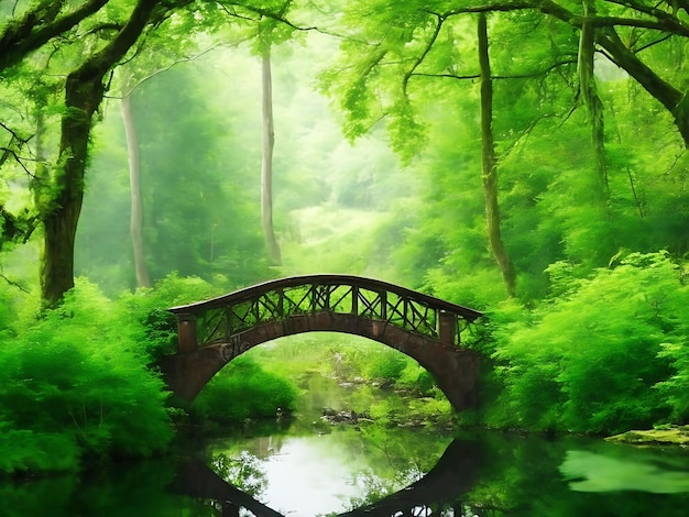 Bela vista da vegetação e uma ponte na floresta perfeita para plano de fundo